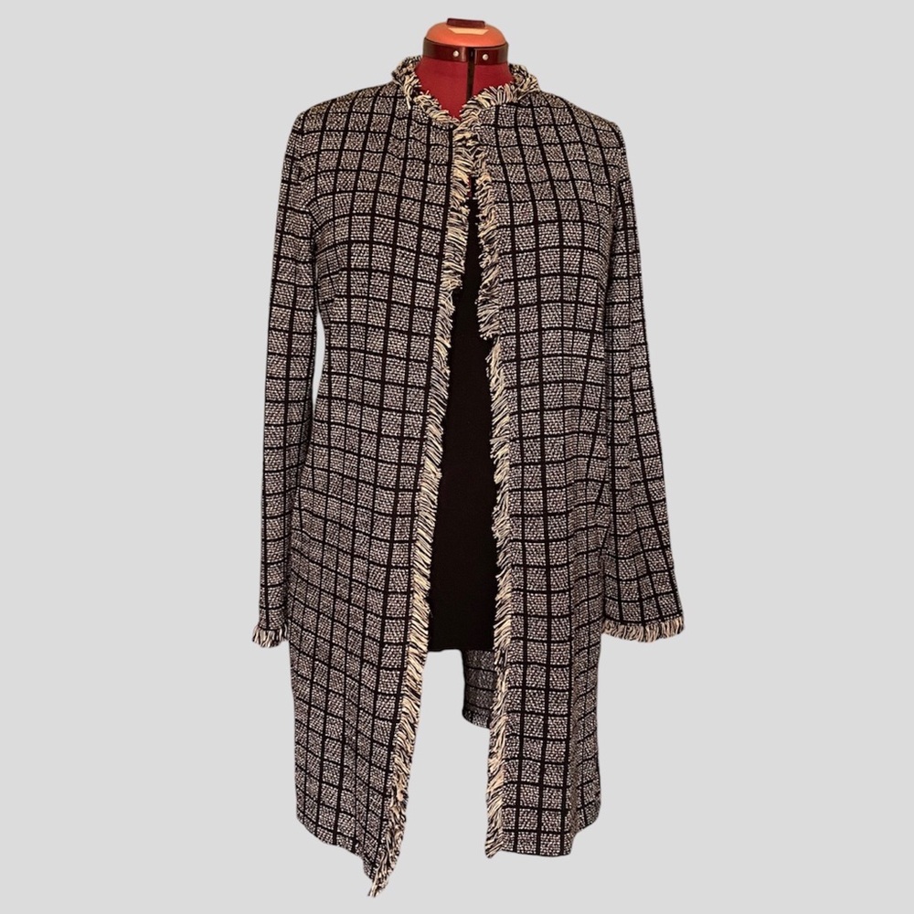 Zara Basic Black and Beige Tweed Long Open Cardigan / Duster